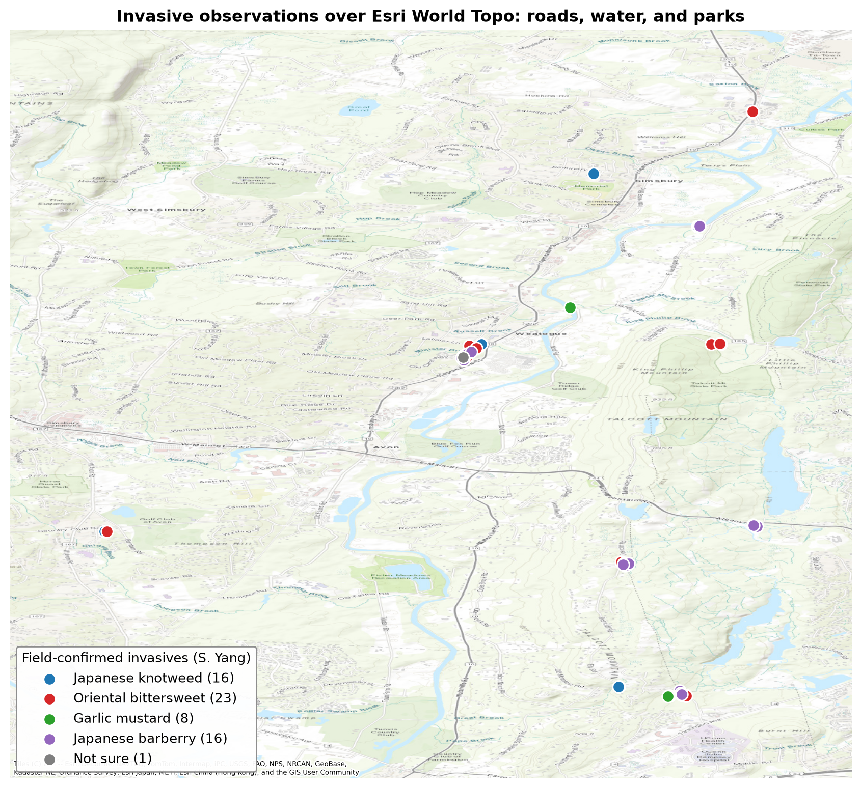 Field observations on a topographic basemap showing roads, water, and parks