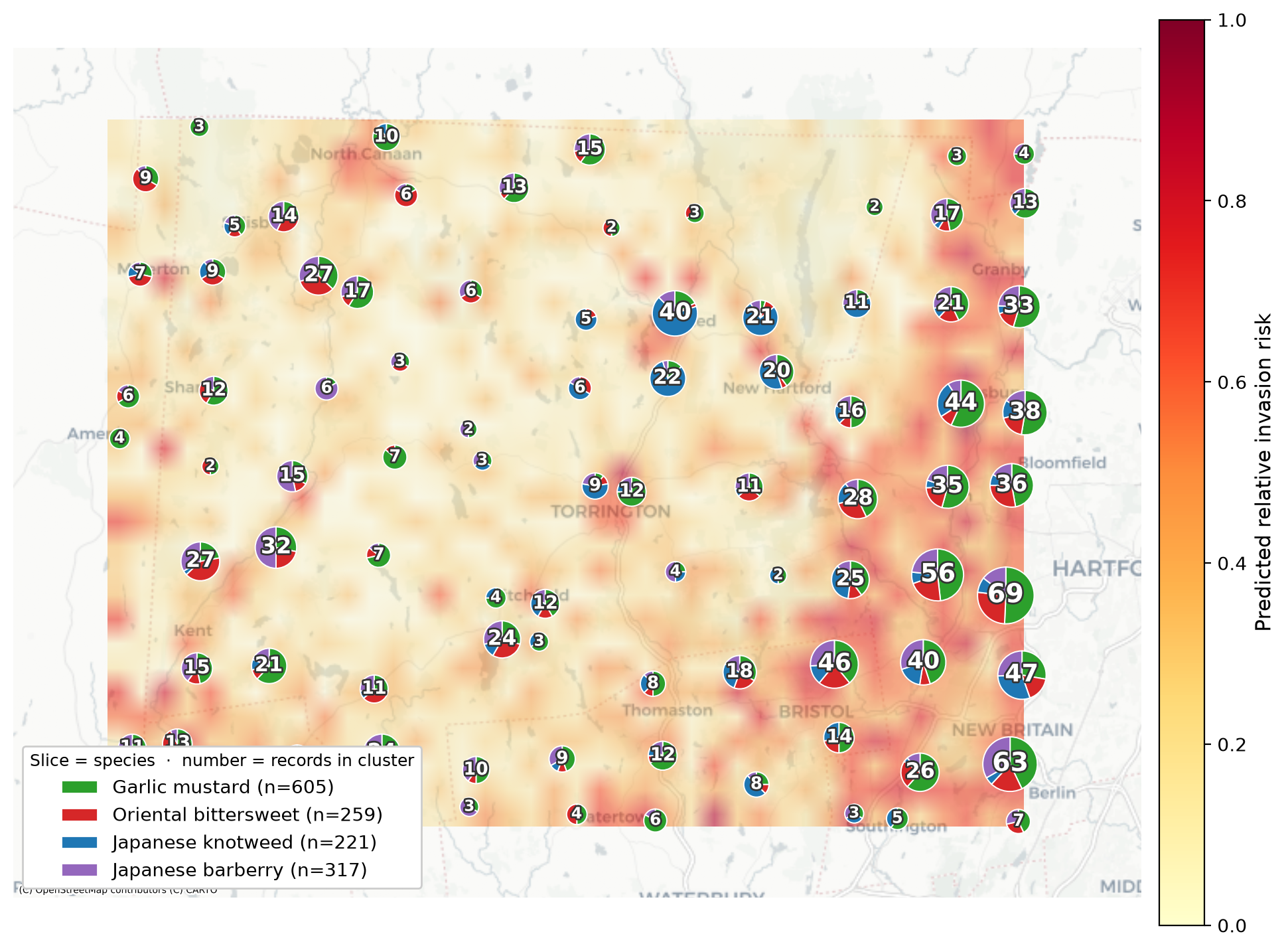 Predicted relative invasion risk map with record clusters